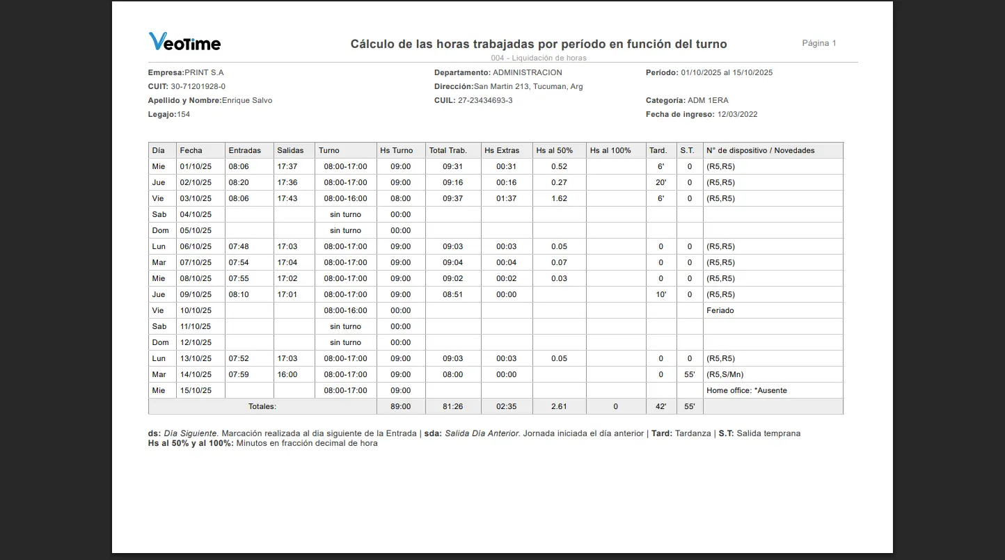 Planilla de liquidación detallada por empleado y período.