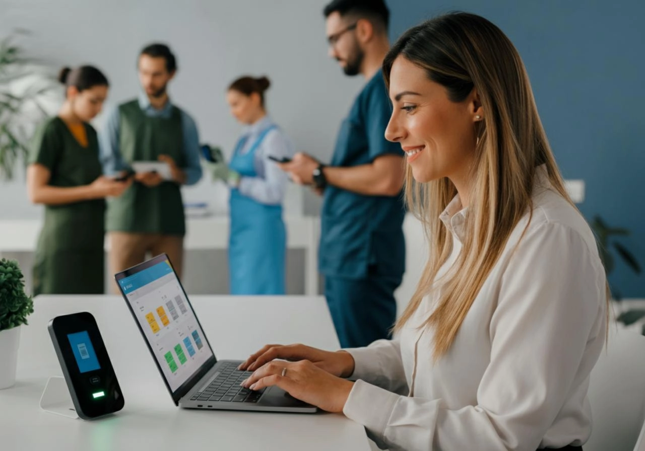 Empleado utilizando VeoTime desde laptop junto a reloj biométrico.