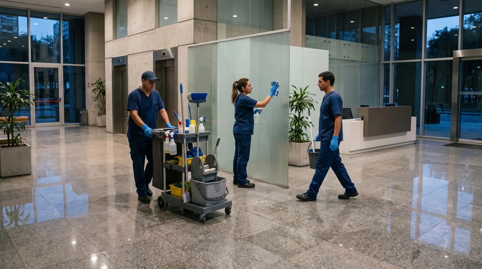 Equipo de limpieza trabajando en el hall de un edificio corporativo, con su presencia registrada en VeoTime